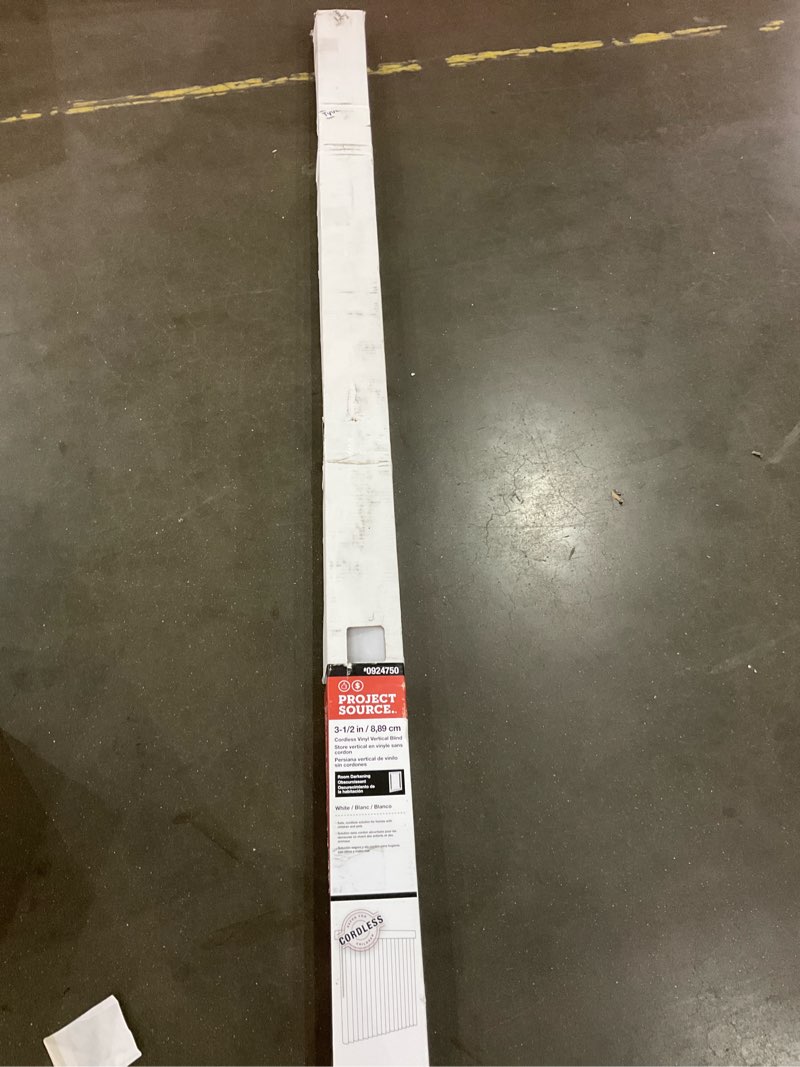 Condition photo showing As Is for 100+ bought last week project source room darkening vertical 3.5-in slat width 66-in x 84-in cordless white vinyl blinds