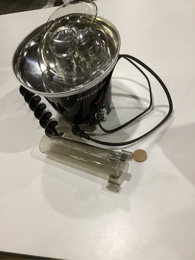 Condition photo showing As Is for Nostalgia 3 Tier Electric Chocolate Fondue Fountain Machine for Parties - Melts Cheese, Queso, Candy, and Liqueur - Dip Strawberries, Apple Wedges, Vegetables, and More - 24-Ounce - Black, Small, NOT TESTED