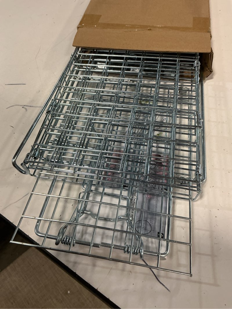 Condition photo showing As Is for live animal cage trap, collapsible humane live animal cage trap, galvanized steel humane live trap cage for rabbit,stray cat, groundhog, raccoon,squirrel,chipmunk,mole,gopher,skunk,24"x8"x8" small 24" x 8" x 8"