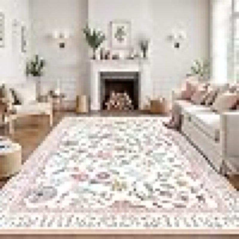 (Similar)Floral Washable 6x9 Area Rugs for Living Room, Soft Pink Boho Girls Bedroom Rug Non-Slip Low Pile Flower Birds Dining Room Rug, Botanical Floor Carpet for Kids Classroom Office