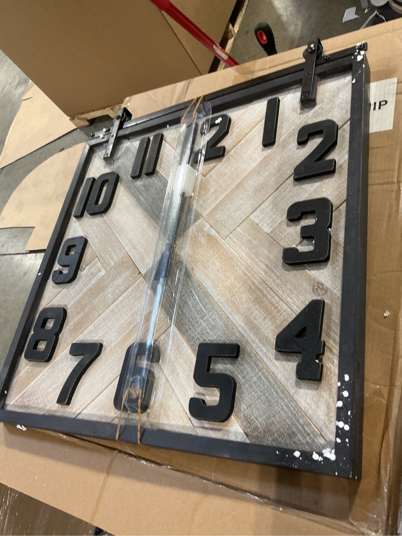 Condition photo showing Good Condition for deco 79 wooden decorative wall clock sliding barn door style wall clock for home, wall clock for room 24" x 2" x 27", brown beige/blue