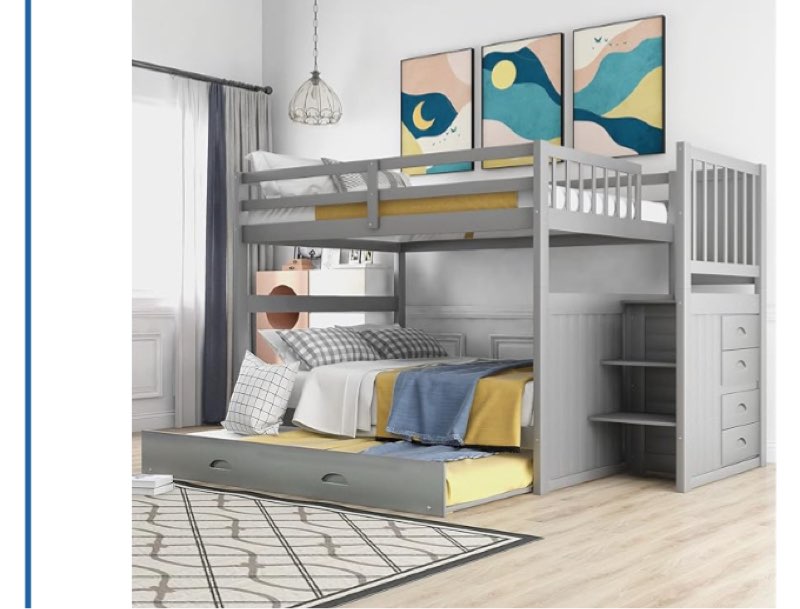( incomplete only base steps hardwareFull Over Full Bunk Beds with Trundle and Stairs Stairway Bunk Bed Frame with Drawers and Storage Shelves Compatible with Teens Adult Boys Girls Women Men, Gray ，Queen Bed