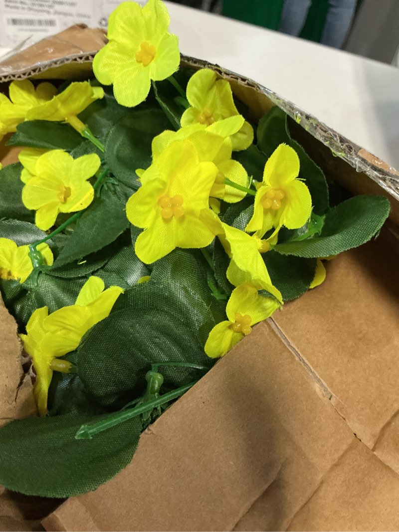 Condition photo showing Good Condition for hyeflora artificial fake hanging outdoor flowers plants basket, faux silk yellow daisy flowers uv resistant realistic hanging planter orchid vines for outside porch patio home garden yard decoration