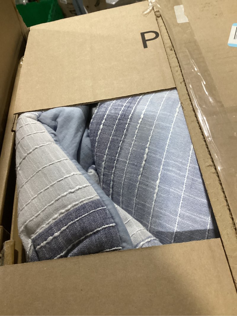 Condition photo showing Good Condition for levtex home sand stripes blue king/cal king comforter set (106x94in) with 2 pillowcases (36x20in) - woven jacquard stripe - navy, blue, grey, cream - cotton king size comforter set - soft pre-washed comforter - king/cal king blue