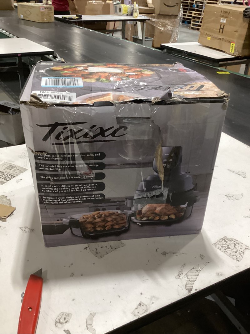 Condition photo showing As Is for 5-in-1 portable glass air fryer, 4qt & 6-cup glass containers with lids, silicone mat, 1500w small air fryer, 90% less oil, dishwasher/freezer safe for single servings, family meals