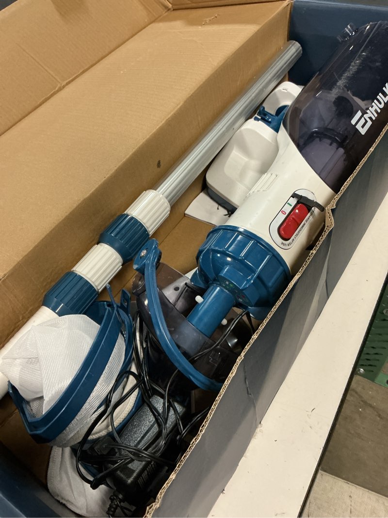 Condition photo showing As Is for enhulk pool vacuum for above ground pool, upgraded 13.4" wide head & telescopic pole, 18.5 gpm powerful suction, 60 mins runtime, cordless handheld rechargeable pool cleaner for inground pools, pc15 pc15 blue