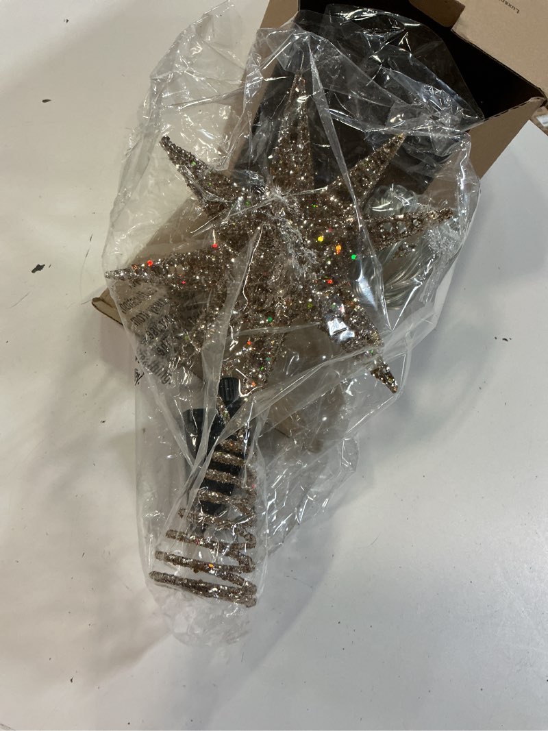Condition photo showing Good Condition for luxspire christmas tree topper, 3d starburst lighted tree topper, plug in christmas star with timer, light up xmas vintage/modern decorations for holiday, champagne gold b-bursting star-champagne gold