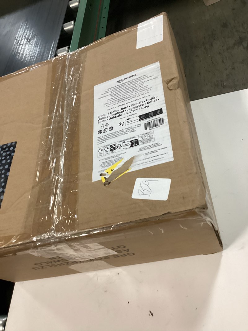 Condition photo showing New/Like New for amazon basics 5-shelf tower adjustable storage shelving unit for garage, rust-resistant steel, 150 lbs per shelf, 16"w x 16"d x 54"h, black