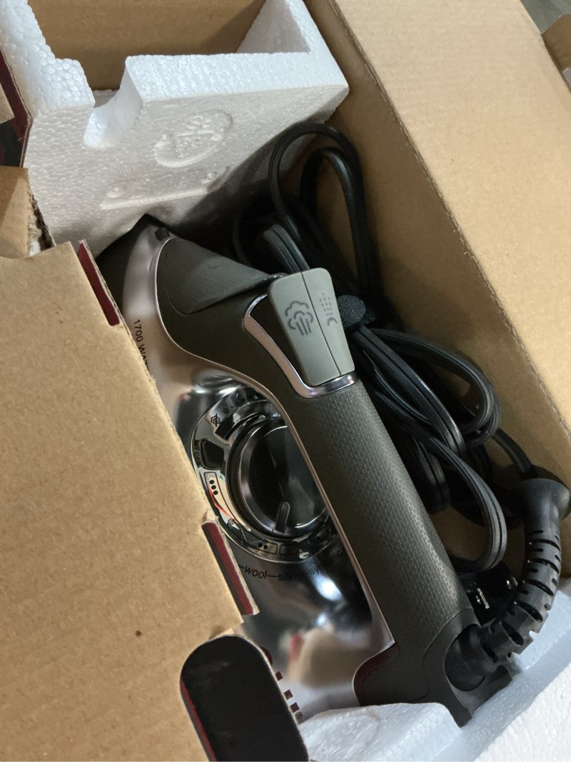 Condition photo showing As Is for chi steam iron for clothes with 300+ holes for powerful steam ing, temperature guide dial, 1700 watts, xl 10’ cord, 3-way auto shutoff, titanium infused ceramic soleplate, silver (13101)