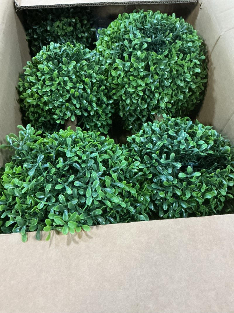 Condition photo showing Good Condition for 2 pack 33 inch artificial boxwood ball topiary trees with ground spike faux topiaries tree plants fake shrub bushes for front door family office indoor outdoor decor