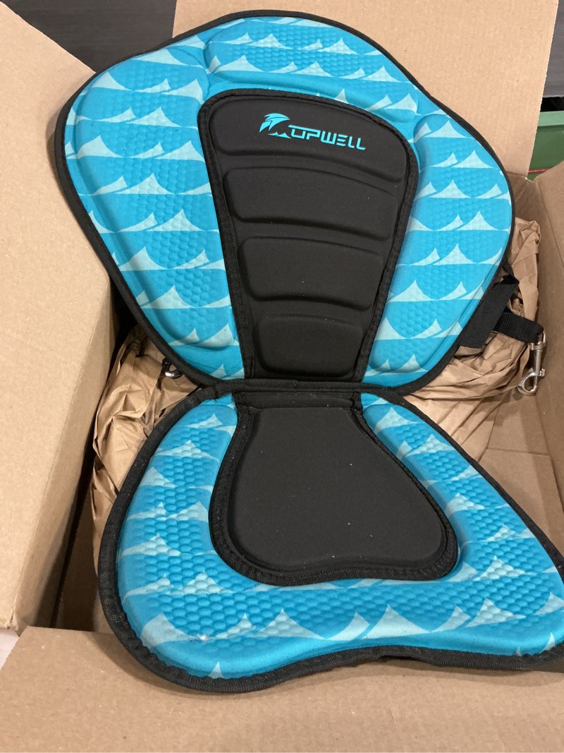 Condition photo showing As Is for upwell universal kayak seat with storage bag & 4 adjustable strap, paddle board seat with memory foam padded and backrest for kayak, canoe, sup 1 x thicken blue wave