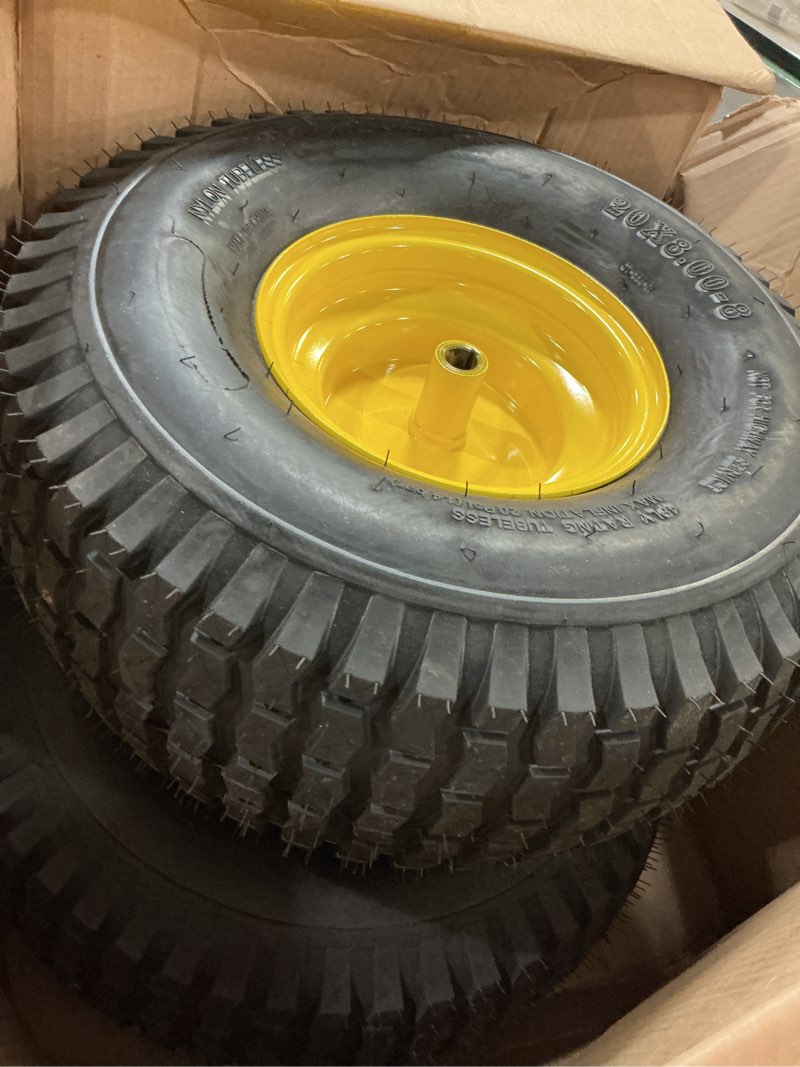 Condition photo showing New/Like New for 2pcs 20x8.00-8 rear tire and wheel assemblies, 3/4" borehole, 3.5" offset hub and 3/16" keyway, 4 ply, 905lbs capacity, replacement for riding lawn mowers