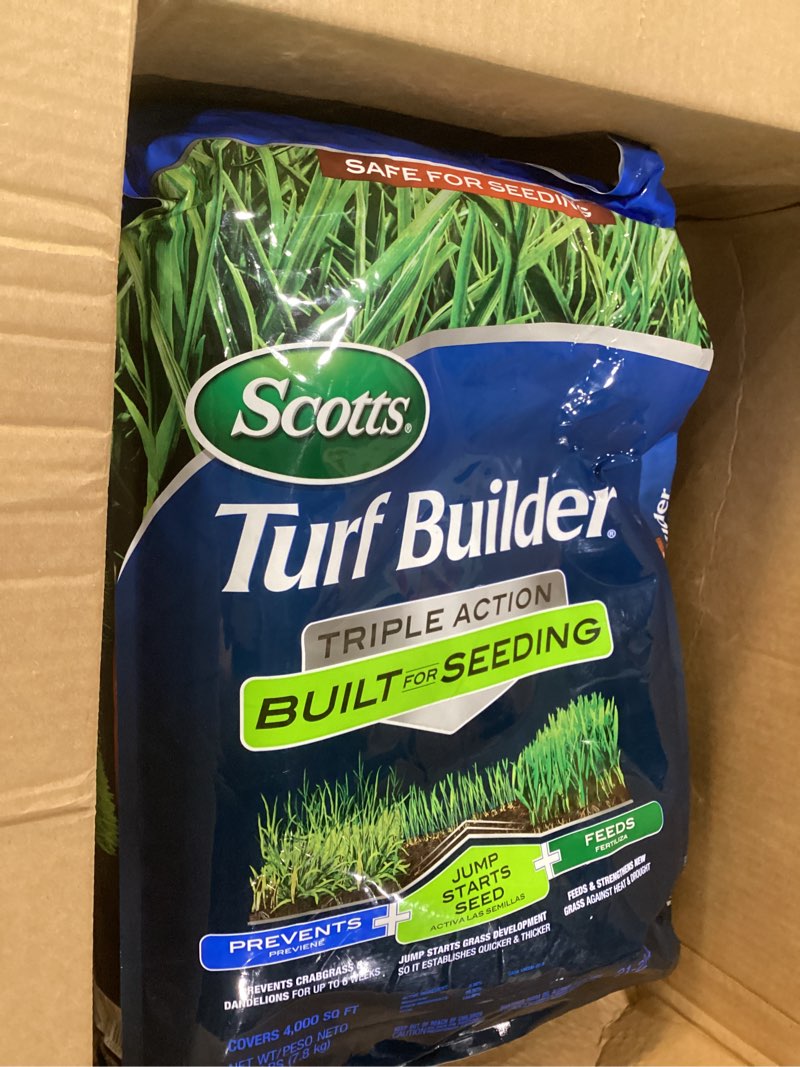 Condition photo showing Good Condition for scotts turf builder triple action built for seeding - weed preventer and fertilizer for new lawns, lawn food, 4,000 sq. ft., 17.2 lb. 4,000 sq. ft. triple action