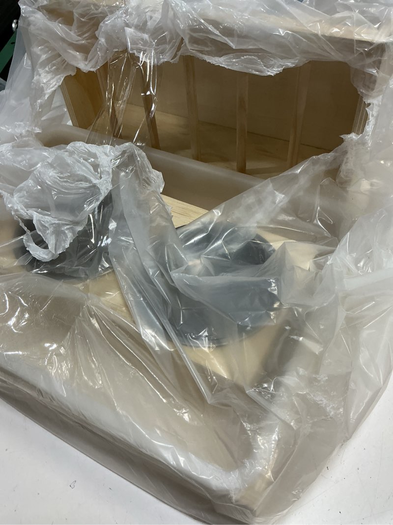 Condition photo showing As Is for 3 in 1 bunny litter box with hay feeder and 2 bowls - wooden rabbit hay feeder for guinea pig, hamster, small animals,each component has pre-drilled holes