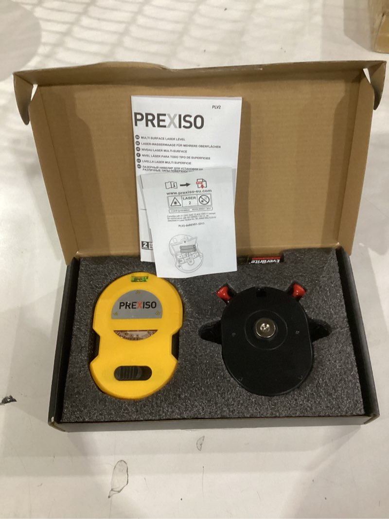 Condition photo showing New/Like New for prexiso multi surface laser level led light vial, 30ft horizontal & vertical line laser with wall mount base, 2 pins, 10 sticker, 2 aa batteries for hanging frames & picture, construction wall writing