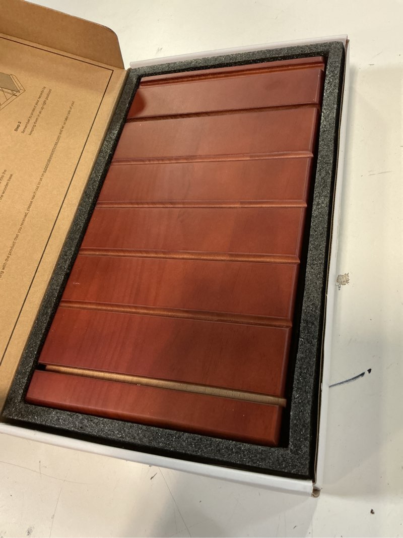 Condition photo showing New/Like New for Premium Vinyl Record Stand - a Mid-Century Style Record Holder for Albums, 50-60 LP Capacity - with a Now-Playing Record Display Groove (Brown) Brown 50-60 LP