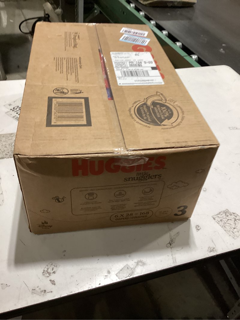 Condition photo showing New/Like New for huggies size 3 diapers, little snugglers baby diapers, size 3 (16-28 lbs), 168 count (6 packs of 28), packaging may vary