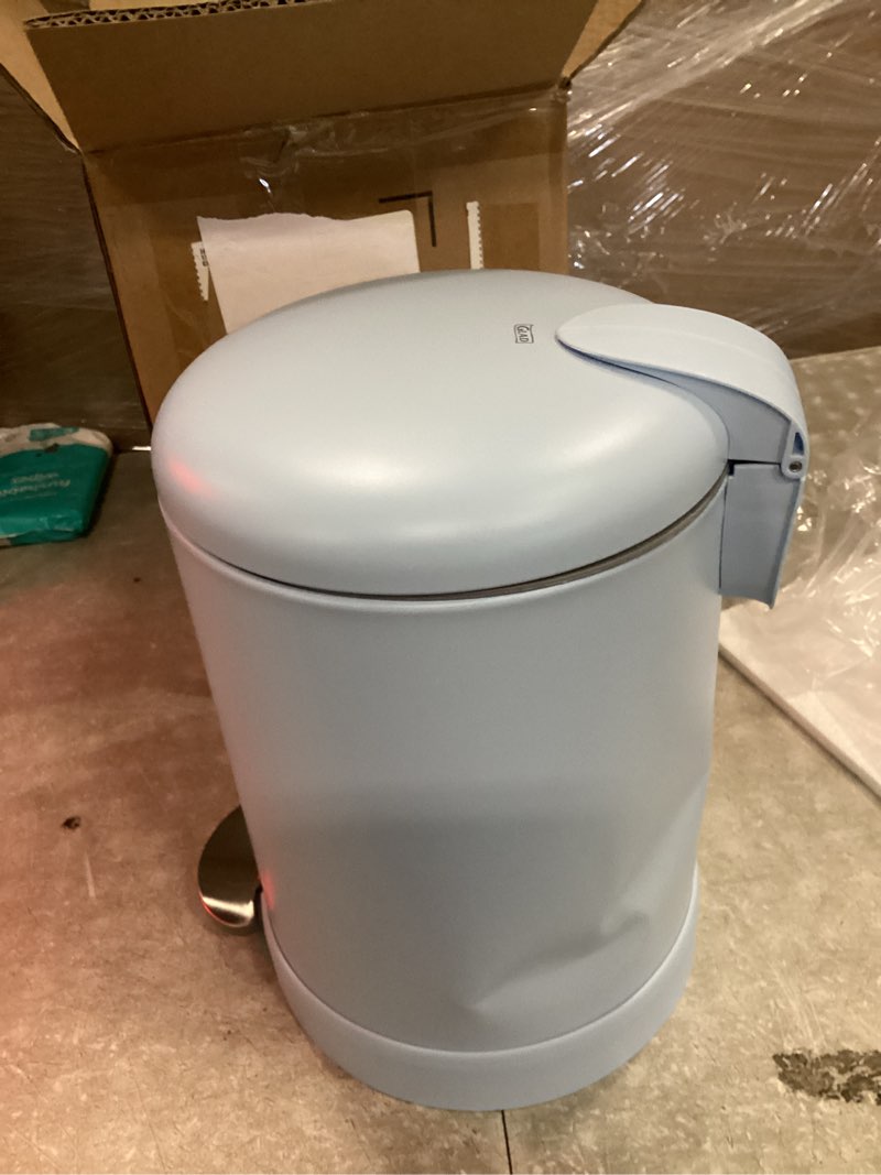 Condition photo showing As Is for glad small trash can, 1.2 gallon | round stainless steel garbage bin with soft close lid & step foot pedal | metal waste basket with removable inner bucket, blue