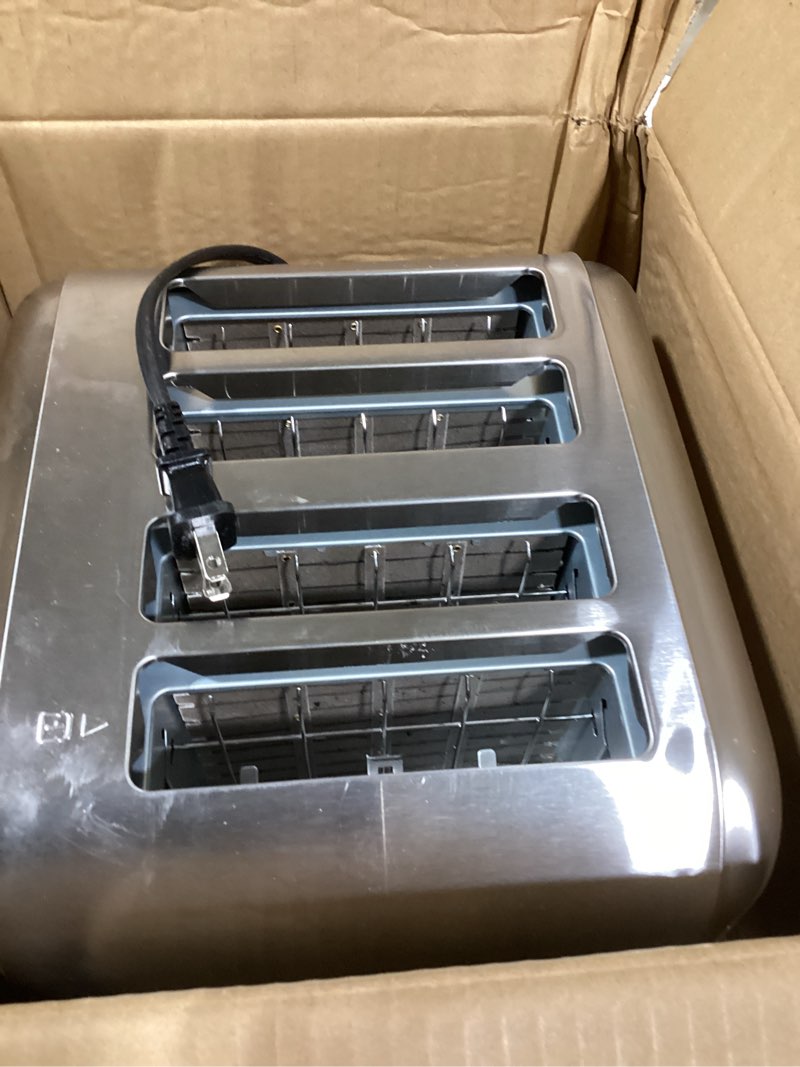 Condition photo showing As Is for cuisinart 4 slice compact stainless steel toaster with extra-wide slots for bread, french toast, bagels & pastries, defrost & reheat functions, cpt-180p1, brushed stainless, removable crumb tray