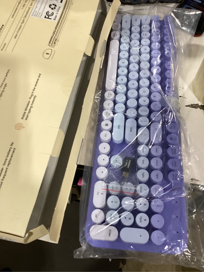 Condition photo showing Good Condition for wireless keyboard and mouse combo, magnetic soft-touch wrist rest, round keycaps, full-size retro typewriter style keyboard, 2-stage tilt legs, auto sleep, 2.4ghz cordless for windows pc, purple ombre