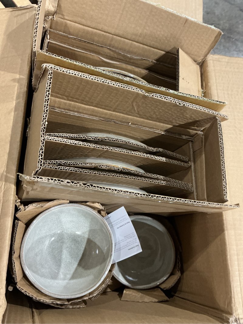 Condition photo showing As Is for incomplete kingstone ceramic dinnerware set, 24 pieces of reactive glazed porcelain plates and bowls for 8, handmade rustic ceramic, highly scratch resistant, dishwasher and microwave safe, gray