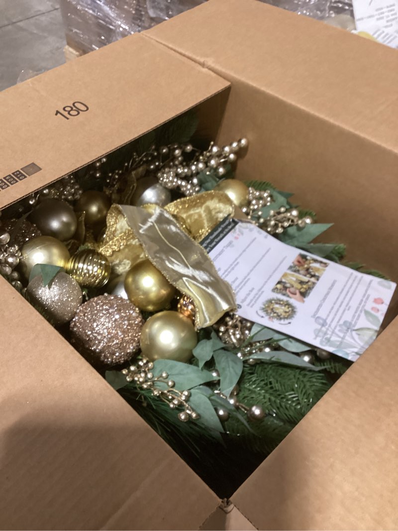 Condition photo showing As Is for Christmas Wreath with Lights, 24 Inch Christmas Wreaths for Front Door with Christmas Ball Ornaments, Lifelike Pine Cones Berries & Bow, Christmas Door Wreath for Indoor Outdoor Wall Decor