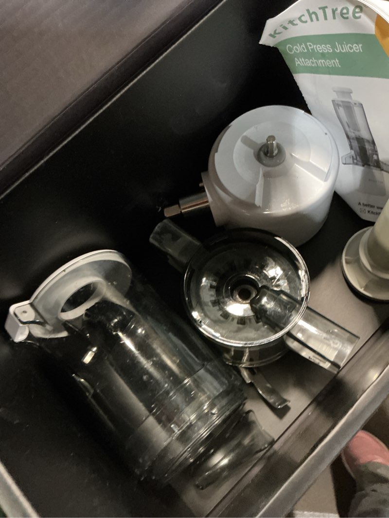Condition photo showing As Is for masticating juicer attachment for kitchenaid stand mixer, 4.2" large feed chute fit whole vegetables & fruits, slow cold press juicing, includes 2 * 28oz capacity cups juicer attachment set 4.2inch