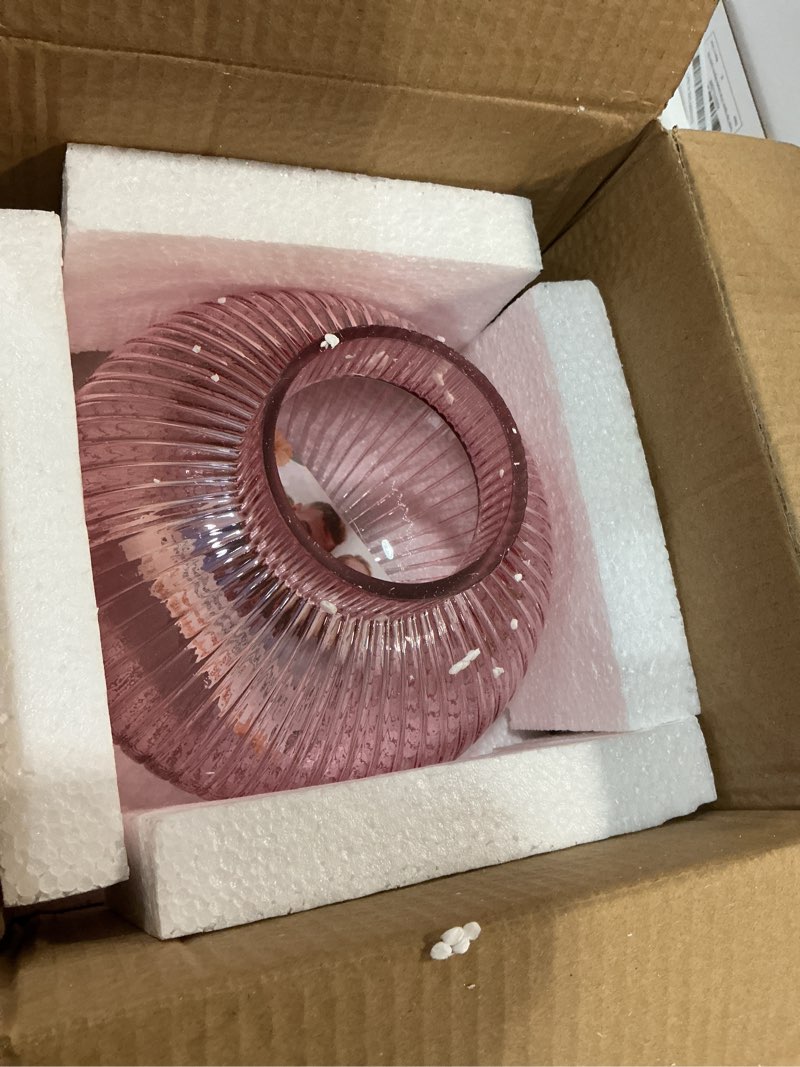 Condition photo showing New/Like New for YANWE1 Pink Glass Vase for Tulips, Ribbed Glass Vase for Flowers, Round Flower Vases, Small Short Va