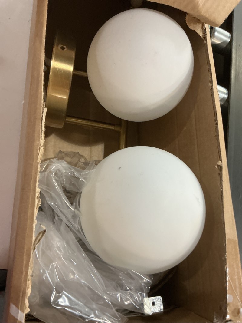 Condition photo showing Good Condition for 3-Light Bathroom Light Fixtures, Brushed Gold Vanity Lights for Bathroom with Milky White Glass Ball Shade, 18.9 inch Bathroom Lighting Fixtures Over Mirror, Wall Sconce for Bedroom(Bulb Not Included) Brushed Gold 3-Light