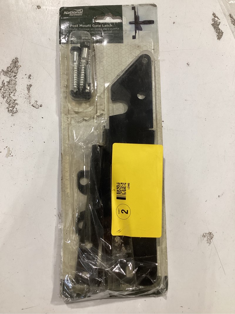 Condition photo showing As Is for national hardware 6.77 in. h x 6.75 in. w x 5 in. l matte steel post gate latch