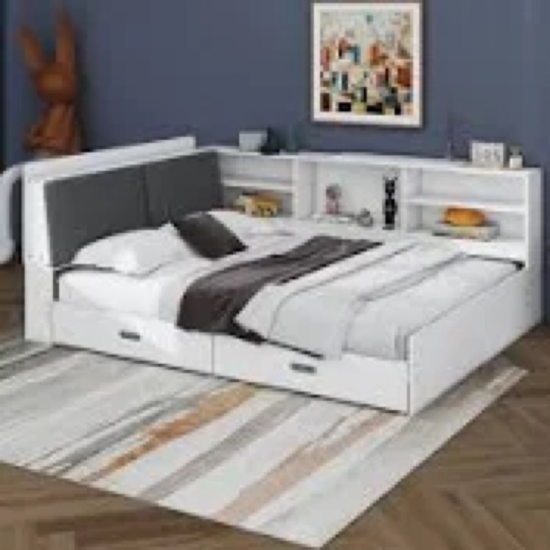 NOT COMPLETE Full Size Platform Bed Daybed With L-Shaped Storage Shelves And Upholstered Headboard, 2 Drawers And Rotatable Storage Board