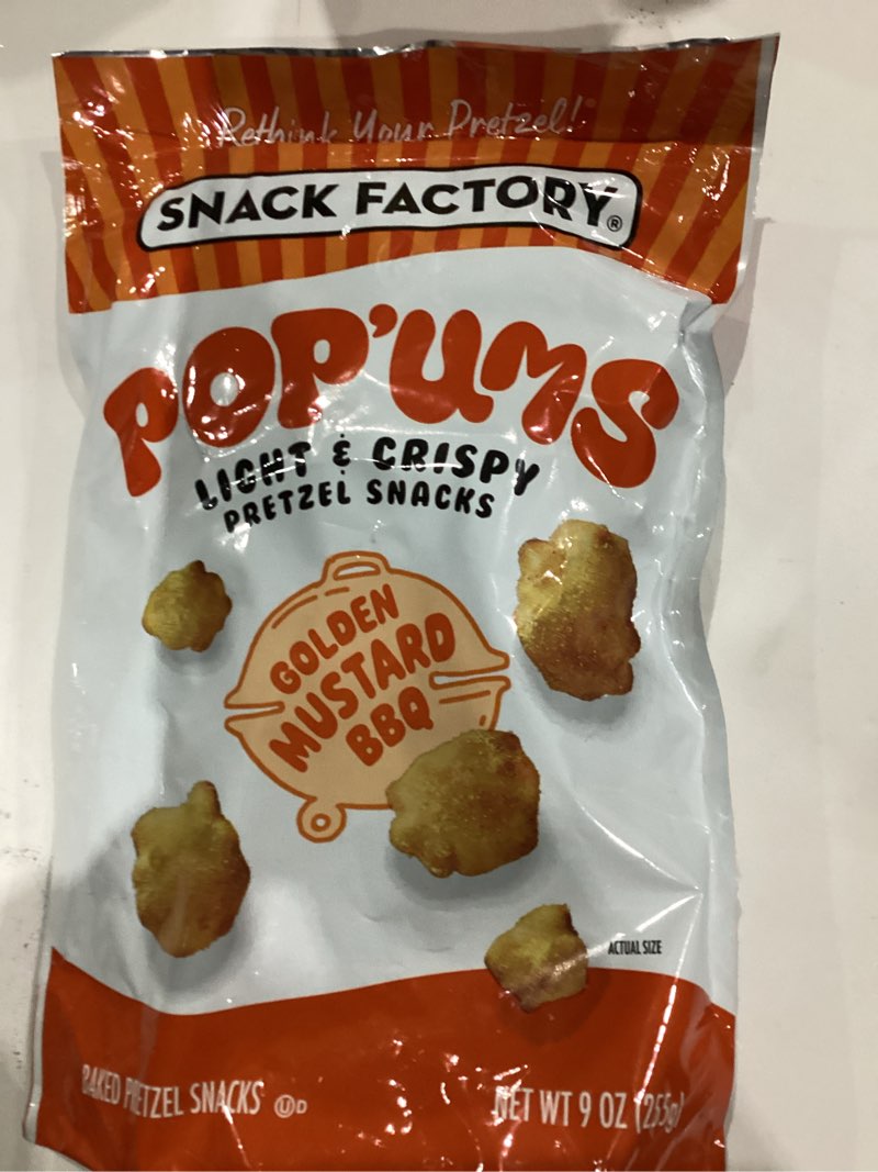 Condition photo showing New/Like New for (Best by Feb 7 2026)Snack Factory Pop'ums Golden Mustard BBQ Pretzel Snacks, 9 Oz Bag (Pack of 2) Golden Mustard BBQ 9 Ounce (Pack of 2)