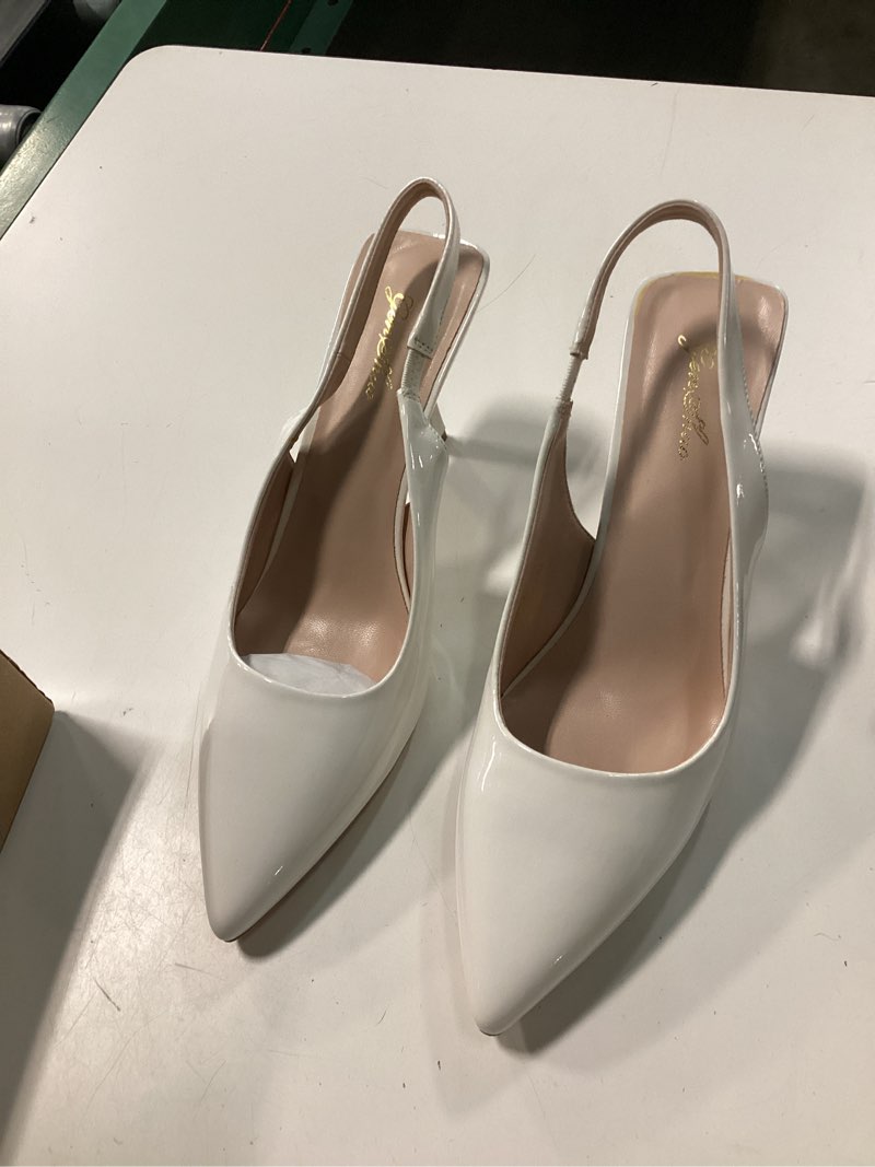 Condition photo showing Good Condition for genshuo women's slingback kitten heel pointed closed toe stiletto pumps slip on elastic strap wedding party dress sandals shoes 9.5 patent white