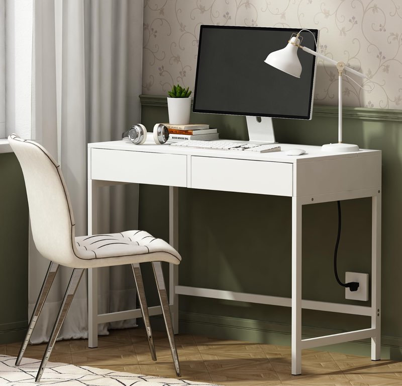 treocho computer desk with usb charging ports and power outlets, modern simple 40 inch white desk with 2 drawers, vanity desk, makeup table for home office, bedroom