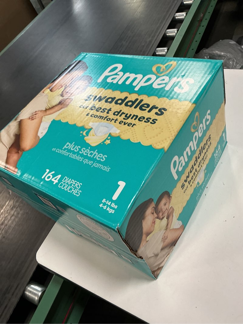Condition photo showing New/Like New for pampers swaddlers diapers, size 1 (8-14 lbs), 164 count, absorbent, keeps baby dry and comfortable, skin safe disposable baby diaper size 1 164
