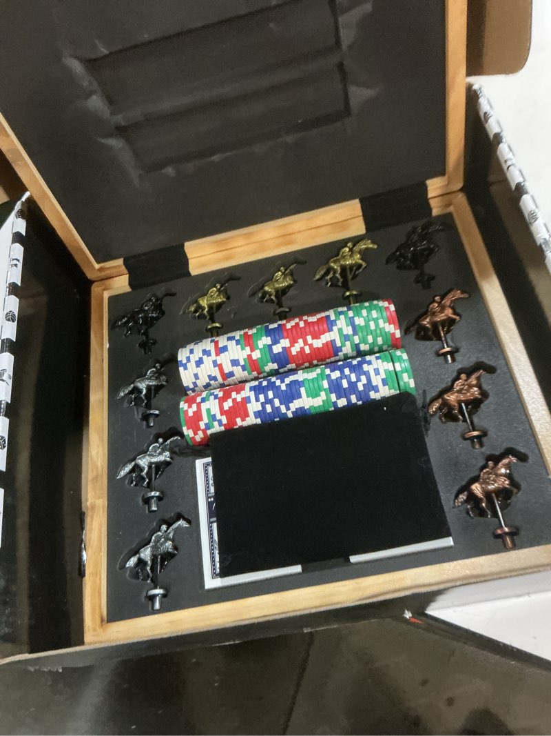 Condition photo showing Good Condition for ropoda upgraded 23 inches horse race board game with 11 upgraded luxury horses,foldable wood horse racing board game with 100 pcs chips,2 dice and 2 boxes of cards,vintage color
