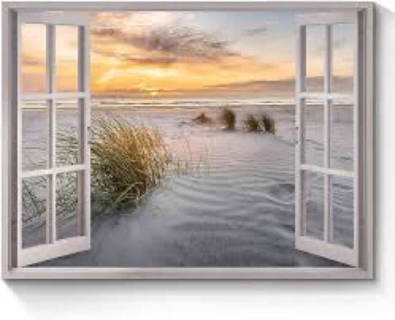 beach window canvas wall art: sunset ocean coastal artwork open window view picture tropical seascap
