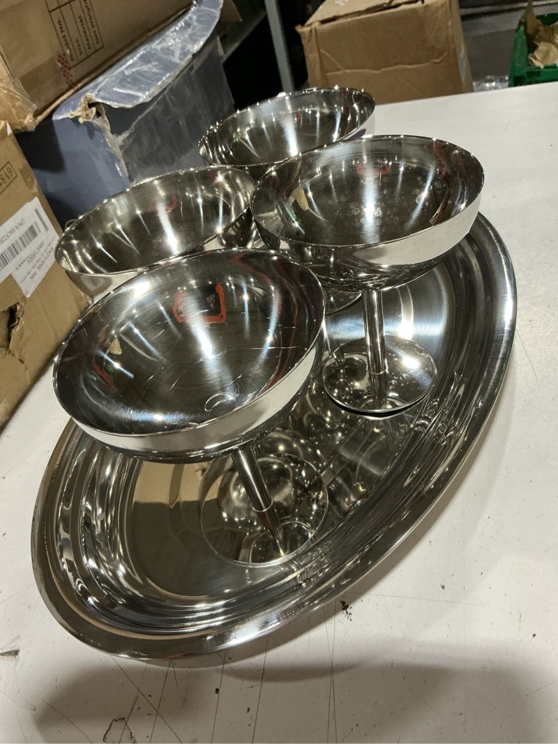 Condition photo showing As Is for 4 pcs 8 oz stainless steel ice cream cups with oval silver coupe glasses silver trays ice cream bowl serving dessert cups for pudding fruit salad yogurt candy summer party 5 silver
