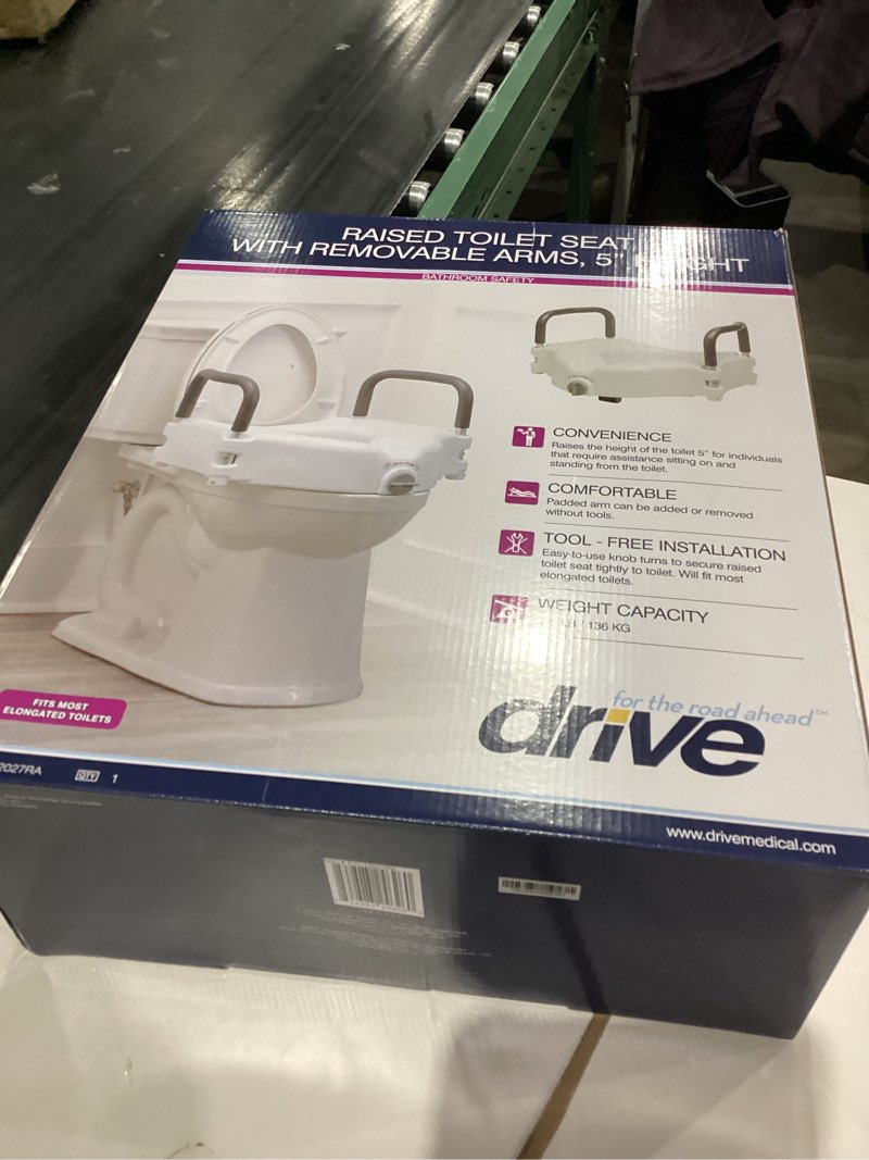Condition photo showing As Is for Drive Medical 2-in-1 Raised Toilet Seat with Removable Padded Arms - Elevated Bathroom Safety Support - Secure Locking Attachment - Easy Height Assistance - Durable Plastic Construction Standard