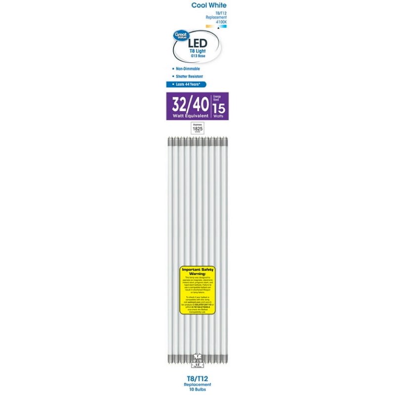 great value led light bulb, 17 watts t8/t12 replacement lamp g13 base, non-dimmable, cool white, 48-inches, 10-pack