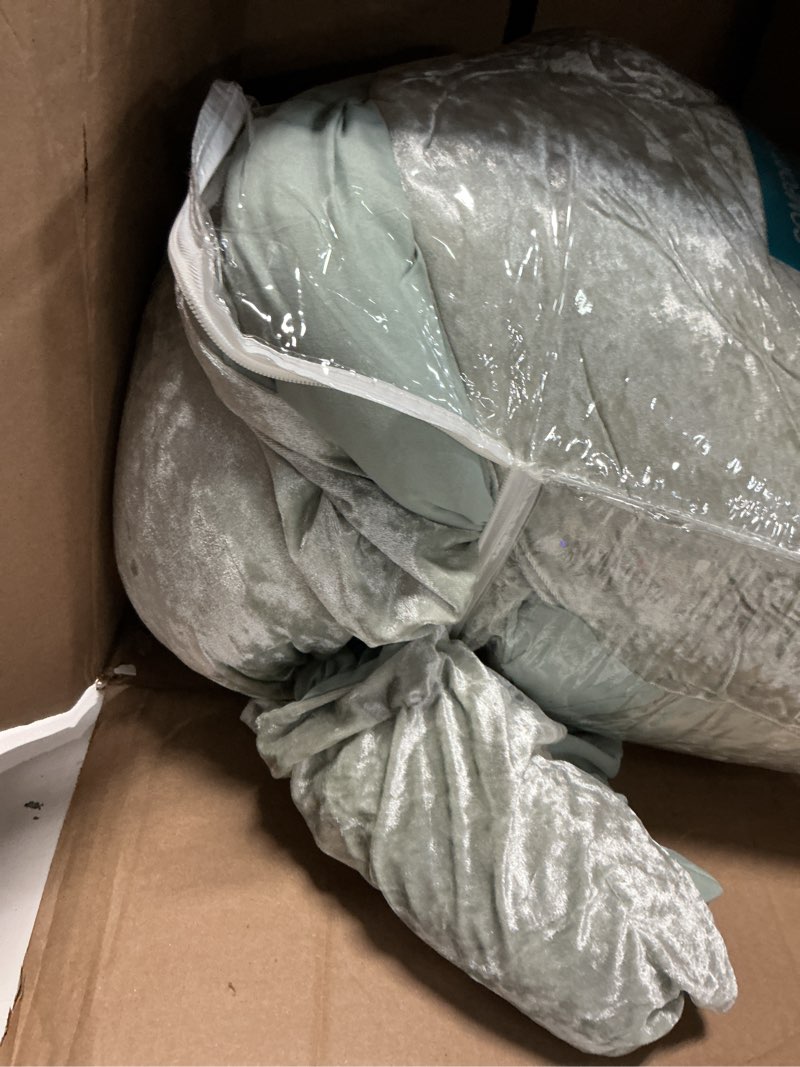 Condition photo showing As Is for Comfort Spaces Luxe King Comforter Set - Velvet Microfiber Reverse, Juliette, All Season Bedding, Fluffy Sham, Sage Green 3 Piece Sage Green Comforter King