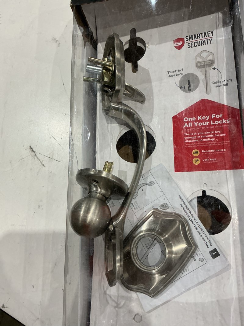 Condition photo showing As Is for (incomplete, pieces missing)kwikset belleview front door lock handle and deadbolt set, entry handleset exterior with interior door knob, satin nickel, pick resistant smartkey rekey deadbolt security satin nickel full handleset