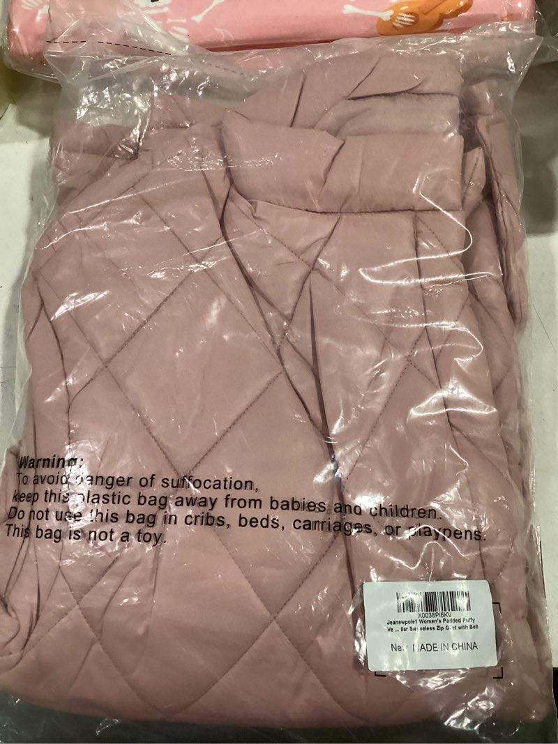 Condition photo showing New/Like New for Jeanewpole1 Women's Padded Puffy Vest Stand Collar Sleeveless Zip Gilet with Belt Small Pink