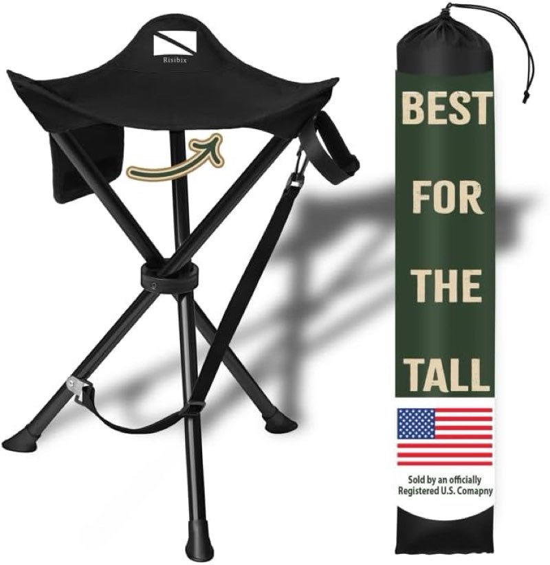 foldable tripod stool - ultra portable seat for tall people, 20” high - hunting chair & hidden zippered pocket - 2 lb camping stool, 3 legged strong steel stool holds up to 200 lb (black)
