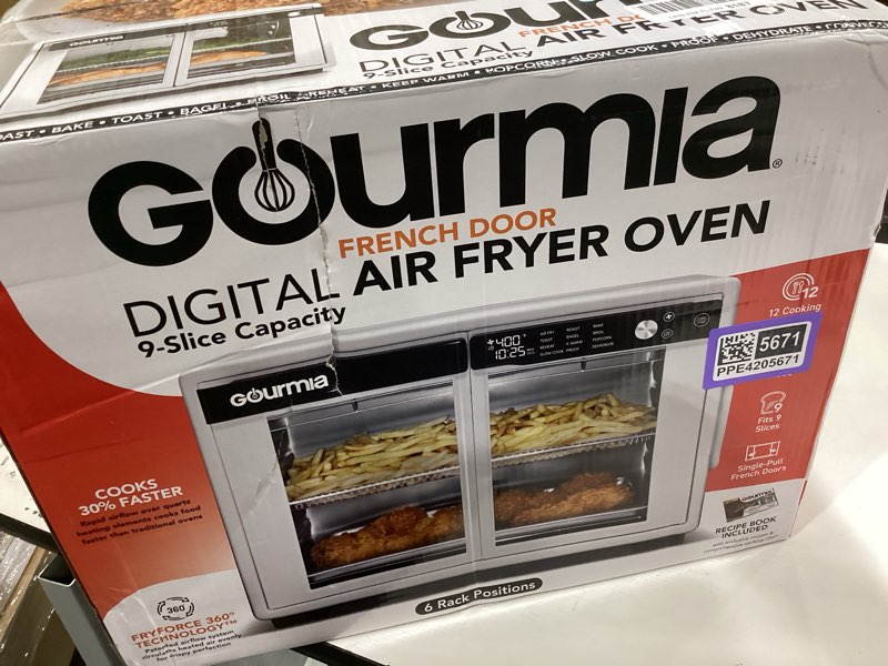 Condition photo showing As Is for gourmia french door air fryer – 25 qt large capacity convection oven, fryfroce 360°, digital display with 17 cooking presets, bake, toast, roast, dehydrate, fits 12” pizza stainless steel