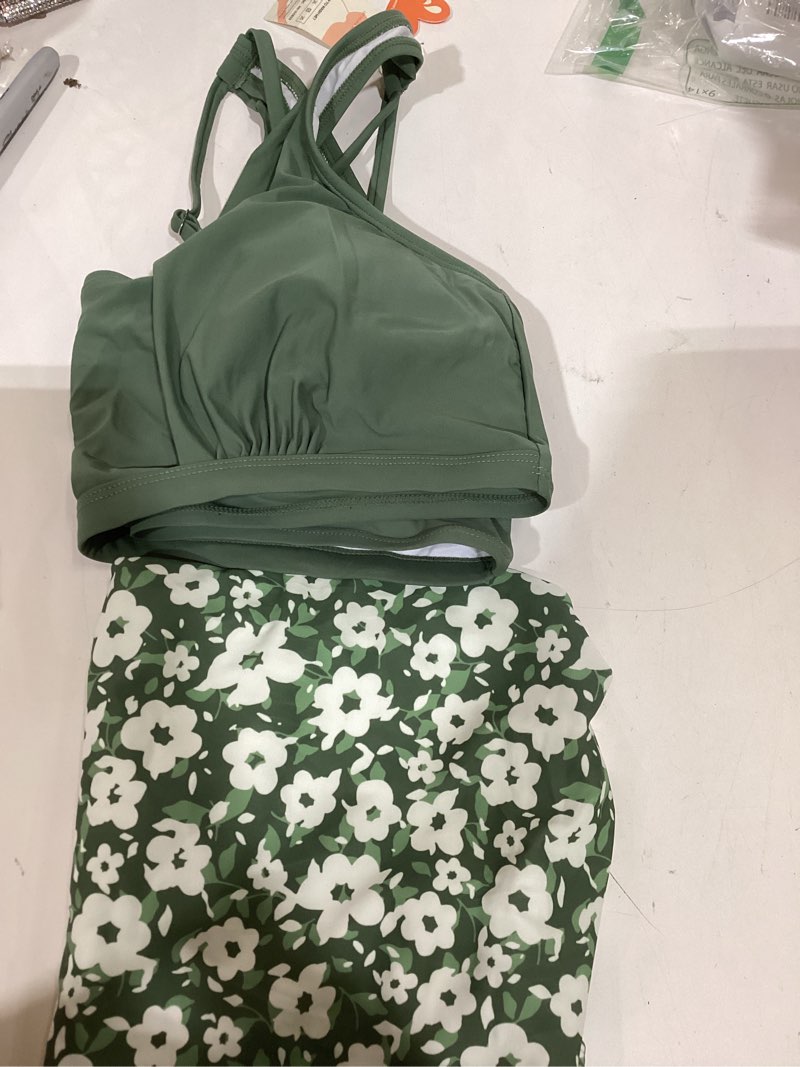 Condition photo showing Good Condition for summer mae maternity bikini swimsuit wide straps ruched high waisted two piece bathing suit scoop neck pregnancy swimwear garden veil bliss 10