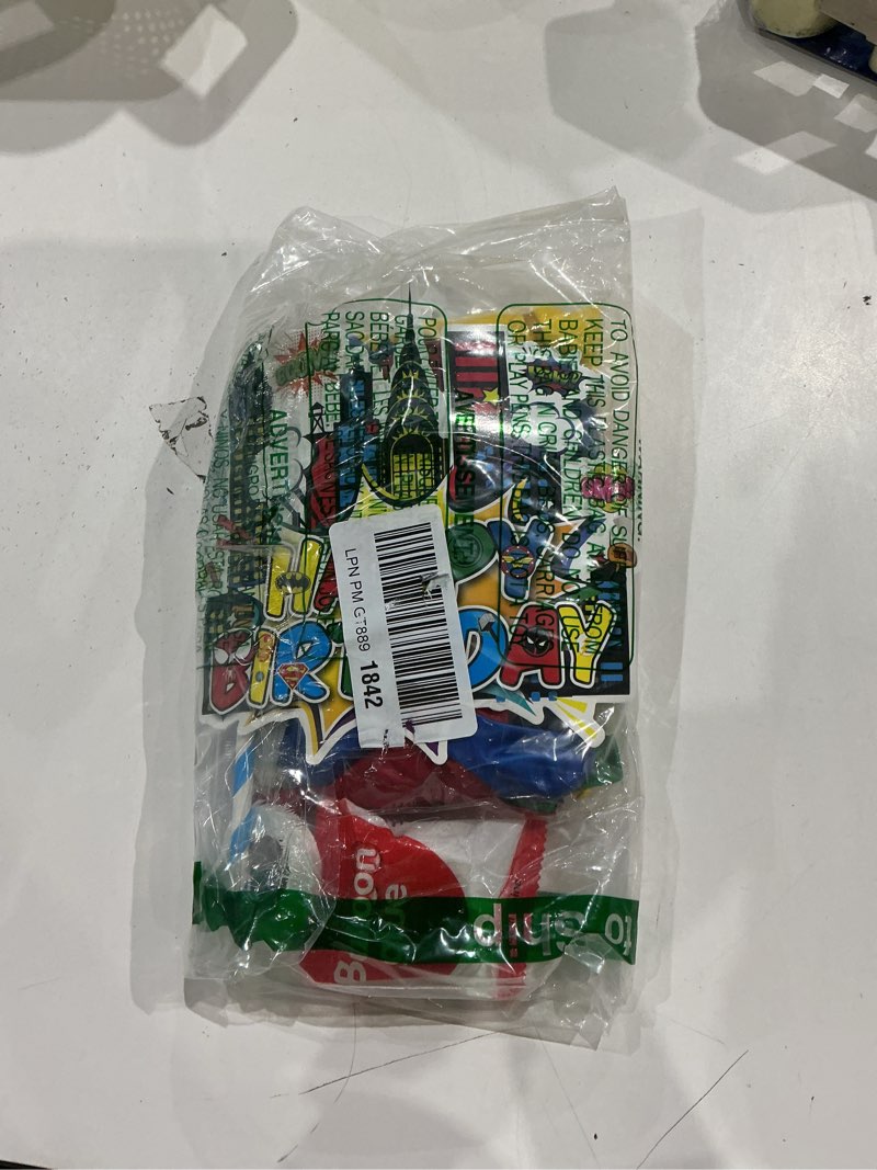 Condition photo showing As Is for cartoon themed birthday party decorations set, hero themed party favors, party supplies set include banner, foil balloons,printed balloons