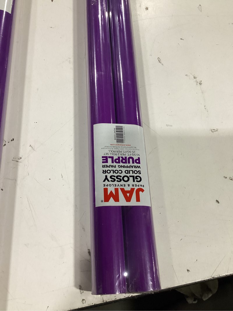 Condition photo showing New/Like New for jam paper gift wrap - glossy wrapping paper - 50 sq ft total (30 in x 10 ft each) - purple - 2 rolls/pack 50 sq ft (pack of 2) purple