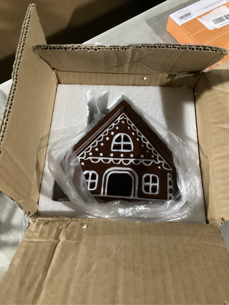 Condition photo showing Good Condition for Mark Feldstein & Associates Ceramic Iced Gingerbread Houses Holiday Pre Lit LED Village Figurines, Set of 2, 9 Inch
