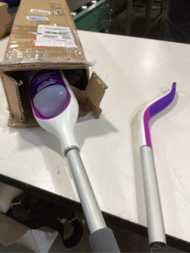 Condition photo showing As Is for swiffer powermop multi-surface mop kit for floor cleaning, includes powermop, 2 mopping pad refills, 1 cleaning solution with fresh scent and 2 batteries purple and white